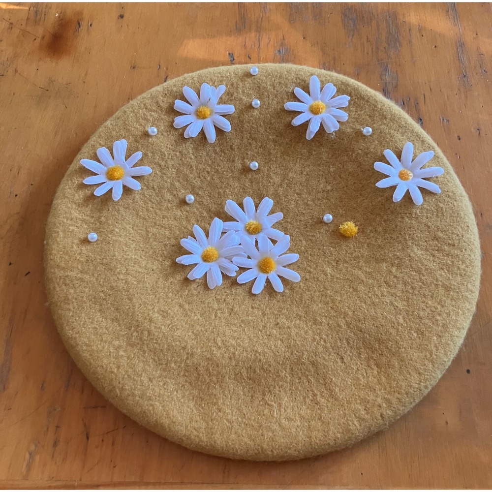 Beret Hat Womens One Size Yellow Daisy Pearl Wool Blend Floral